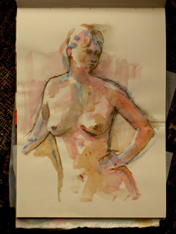 life drawing, sketchbook, coloured pencil and watercolour