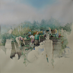 allotments, pencil, watercolour, mixed media on paper